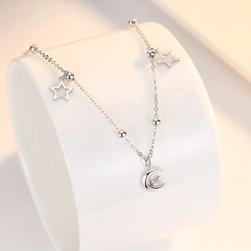 925 Silver Stars & Moon Anklet Bracelet Foot Chain Beach Jewelry Gift