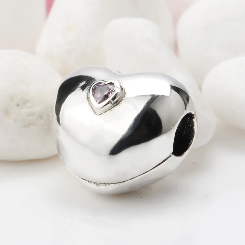 925 Silver Heart Pink CZ Clip Charms Bracelets Necklaces Beads Women