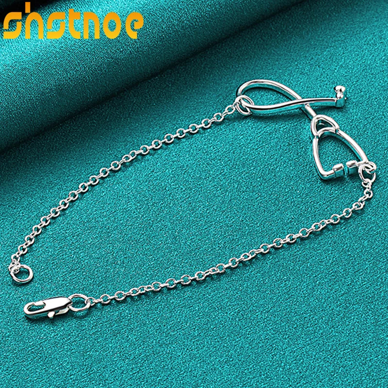 925 Silver Stethoscope Pendant Bracelet Chain Women Party Wedding Gift