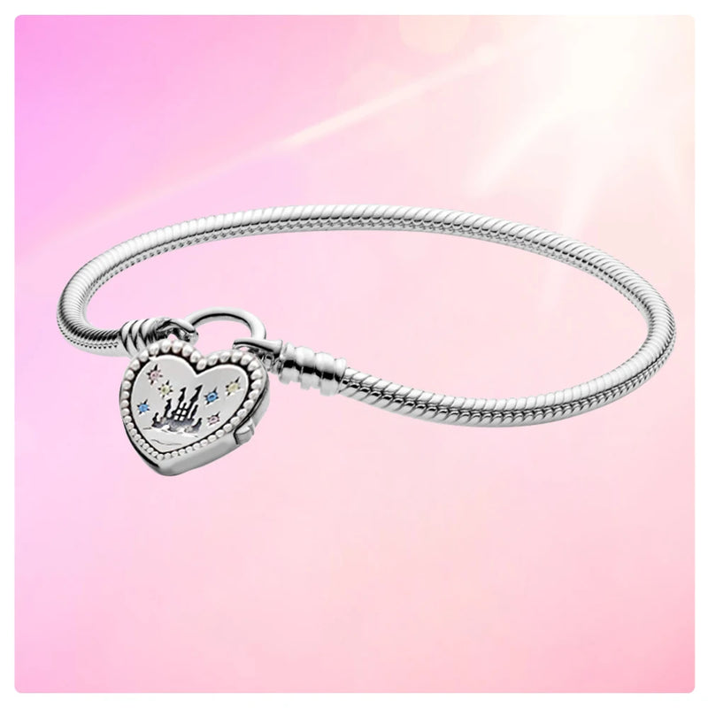 925 Sterling Silver Castle Padlock Bracelet with Charm Pendant DI
