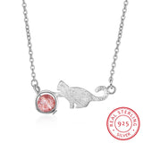 925 Silver Strawberry Crystal Cat Pendant Necklace Women Jewelry Gift