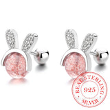 925 Silver Strawberry Crystal Rabbit Stud Earrings For Women Kids