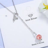 925 Silver Strawberry Crystal Tassel Whale's Tail Pendant Necklace