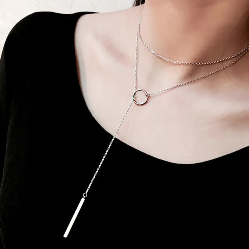 925 Silver Strip Hanging Hoop Circle Long Necklace Women Multi-layer