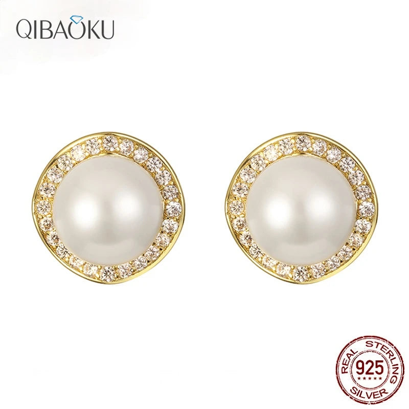 925 Silver Stud Earrings Natural Pearl Zirconia Jewelry for Women