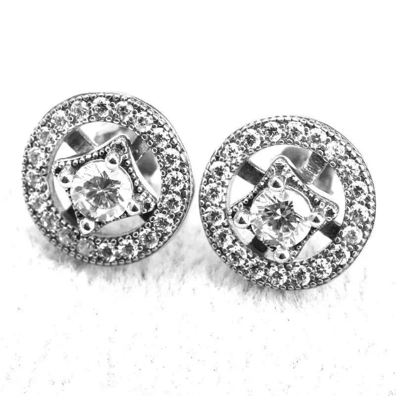 925 Silver Stud Earrings Geometric Clear Cubic Zircon European Style
