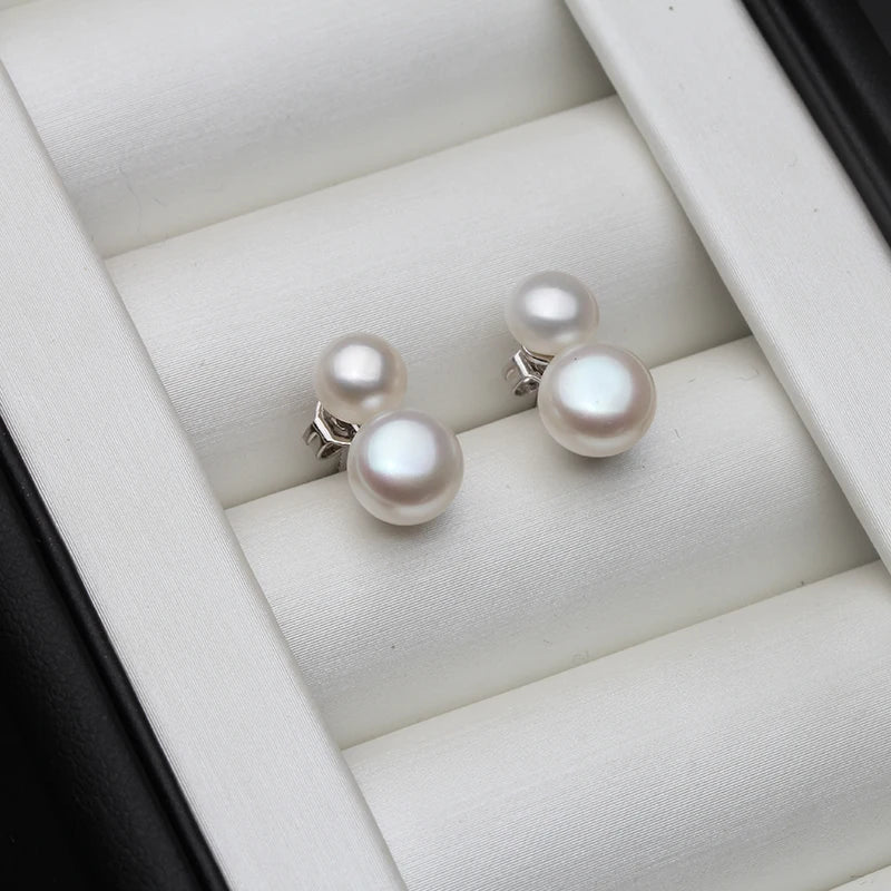 925 Silver Double Pink Pearl Stud Earrings Wedding Jewelry