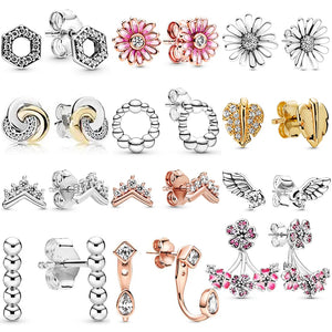 925 Silver Stud Earrings Leaves Flower Daisy Wishbone Feather Hoop