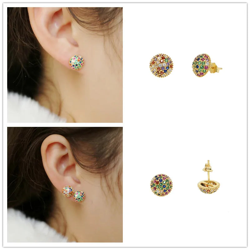 925 Silver Stud Earrings Rainbow CZ Ball Shape Dainty Jewelry for Women
