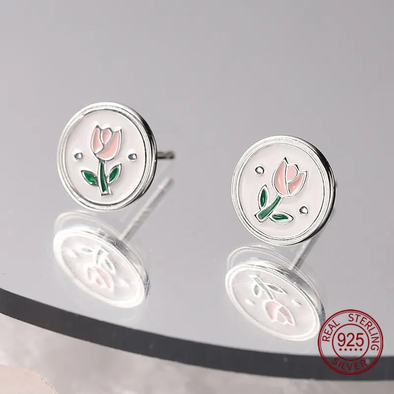 Tulip Flower Enamel Stud Earrings - Hypoallergenic