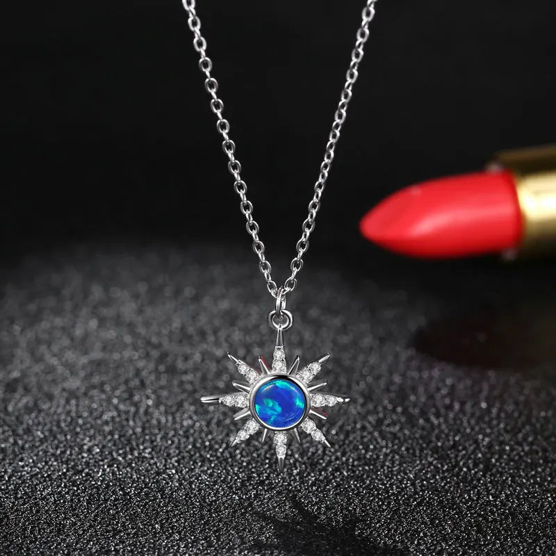 925 Silver Opal Stone Sun Flower Necklace for Women