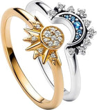 925 Silver Sun Moon Ring Set Sparkling Friendship Promise Anniversary Gift