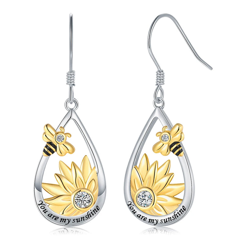 925 Silver Sunflower Bee Drop Earrings for Women Teen Girls