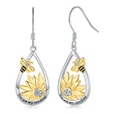 925 Silver Sunflower Bee Drop Earrings for Women Teen Girls