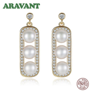 925 Silver Zircon Drop Earrings Double Pearl Pink