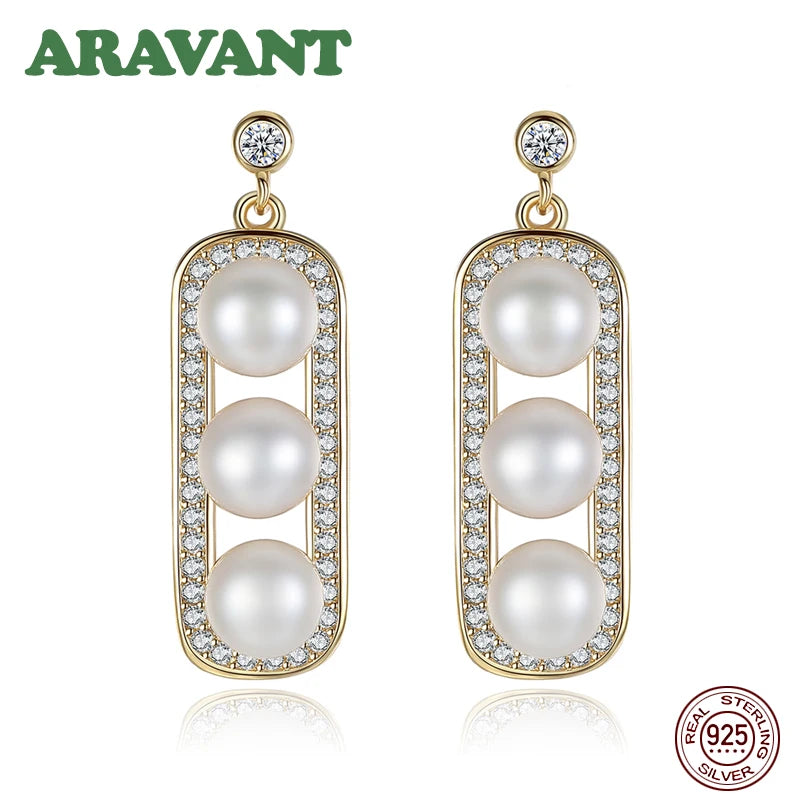 925 Silver Zircon Drop Earrings Double Pearl Pink