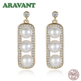 925 Silver Zircon Drop Earrings Double Pearl Pink