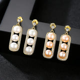 925 Silver Zircon Drop Earrings Double Pearl Pink