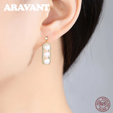 925 Silver Zircon Drop Earrings Double Pearl Pink