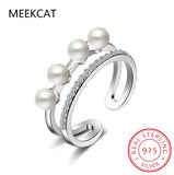 925 Sterling Silver Pearl Double Layer CZ Ring For Women