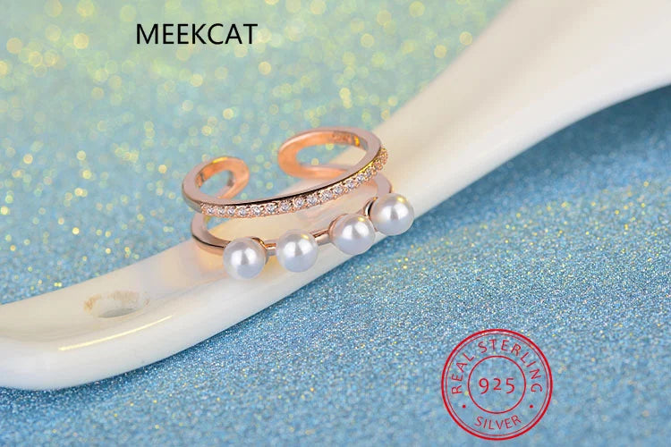 925 Sterling Silver Pearl Double Layer CZ Ring For Women