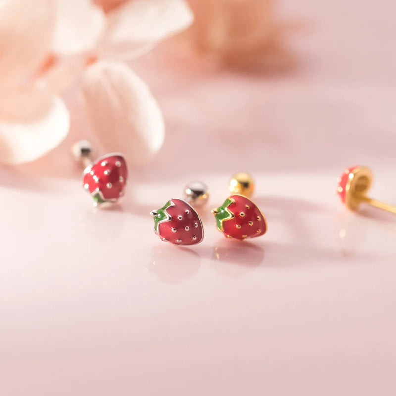 925 Silver Sweet Glue Drop Strawberry Threaded Stud Earrings