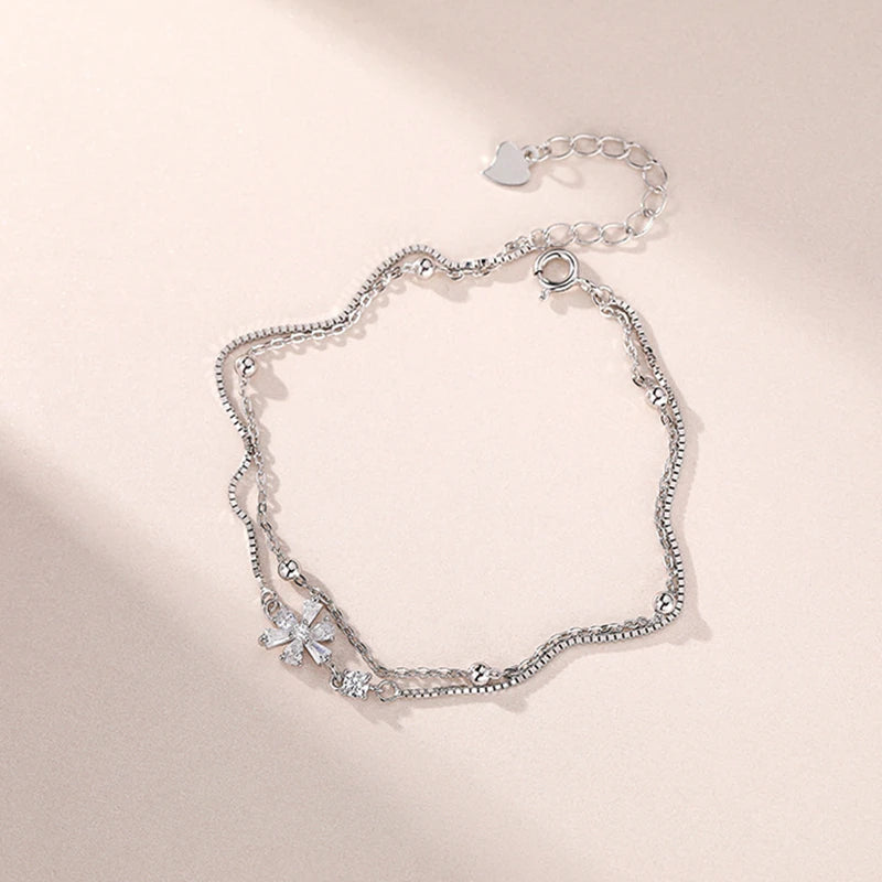 925 Silver Zircon Sakura Bracelet Double Layer Charm Jewelry