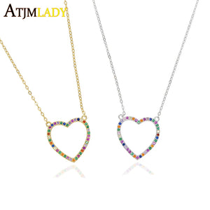 925 Silver Sweet Love Heart Necklace Rainbow Cz