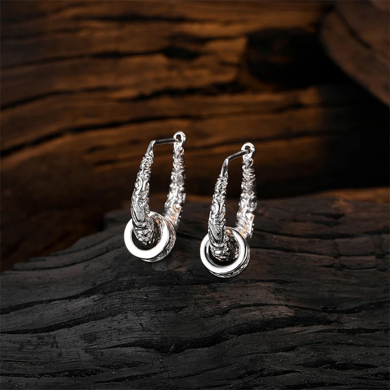 925 Silver Tangcao Textured Ear Buckle Women Vintage Earrings