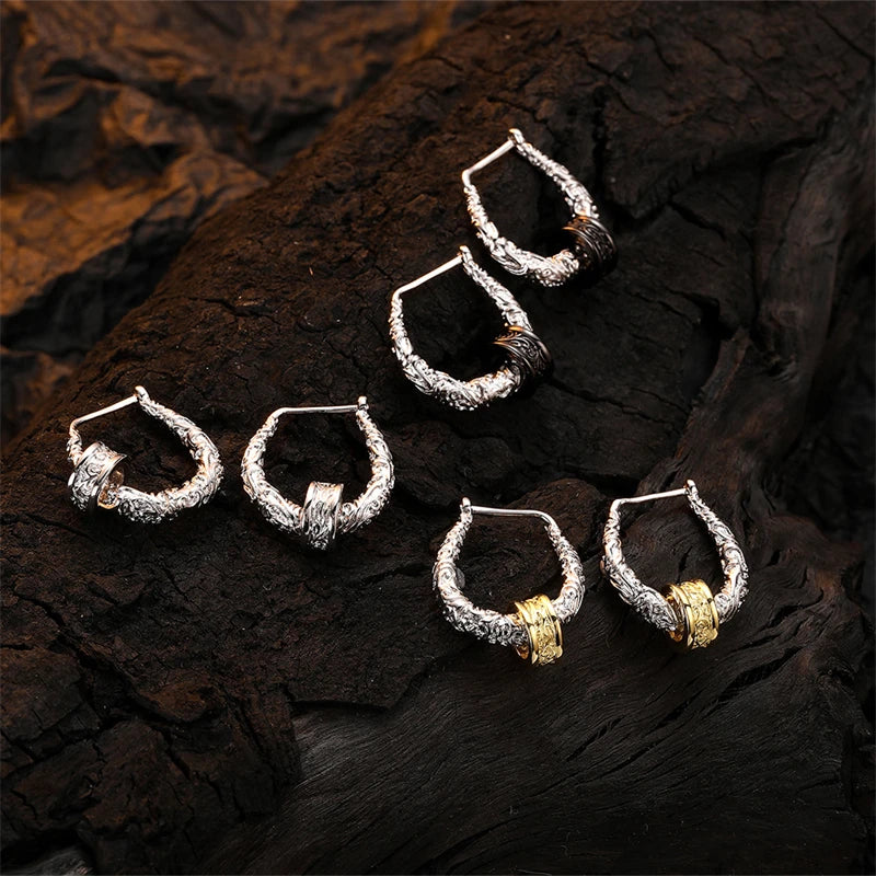 925 Silver Tangcao Textured Ear Buckle Women Vintage Earrings
