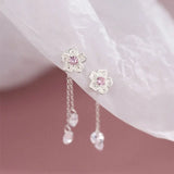 925 Silver Tassel Chain Cherry Blossoms Drop Earrings Wedding Party Jewelry