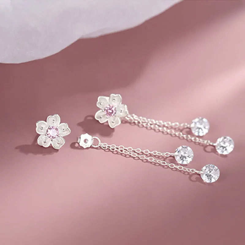 925 Silver Tassel Chain Cherry Blossoms Drop Earrings Wedding Party Jewelry