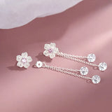 925 Silver Tassel Chain Cherry Blossoms Drop Earrings Wedding Party Jewelry