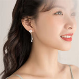 925 Silver Tassel Chain Cherry Blossoms Drop Earrings Wedding Party Jewelry