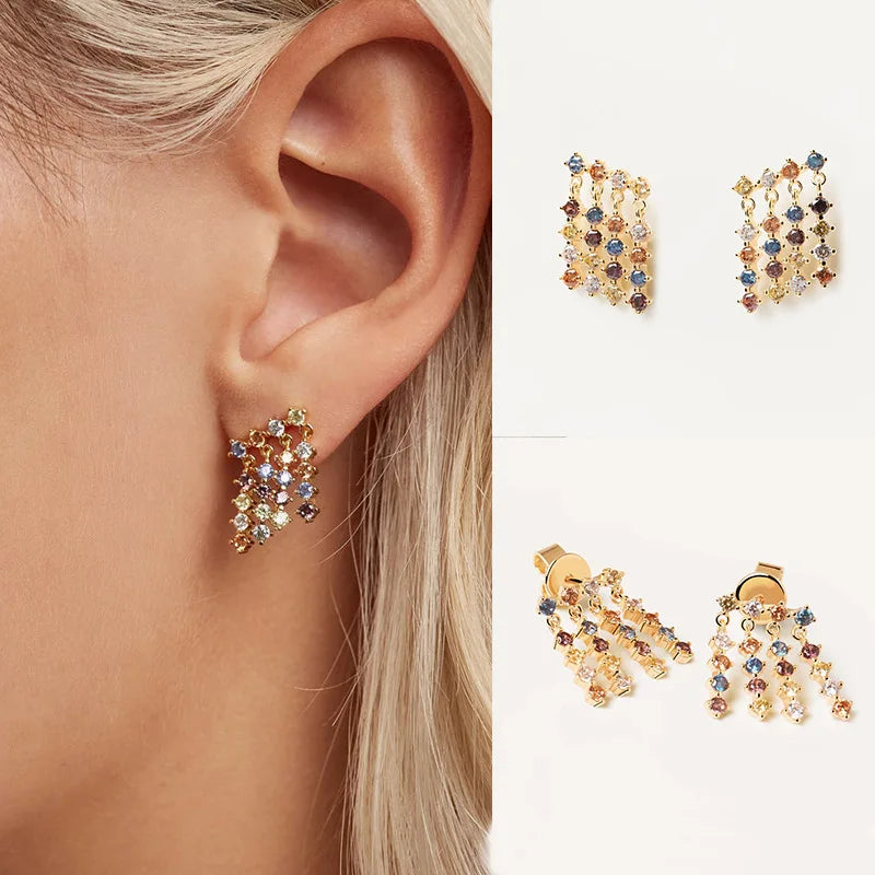 925 Sterling Silver Colorful CZ Tassel Earrings