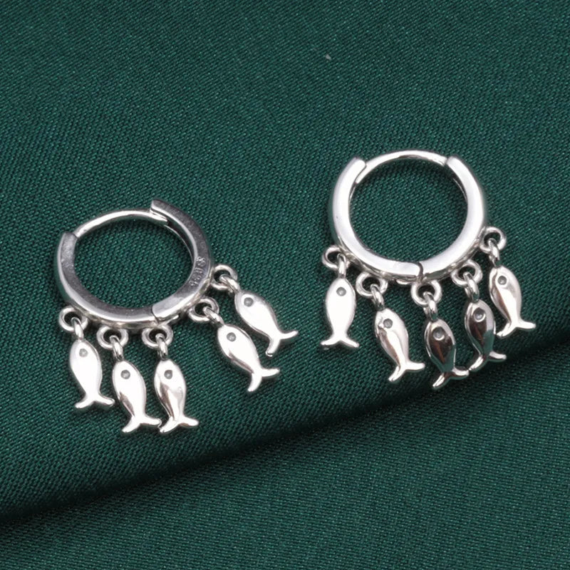 925 Silver Tassel Fish Earrings Women Round Hanging Jewelry
