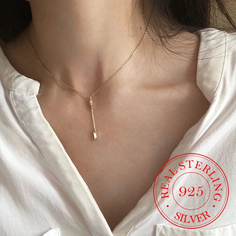 925 Silver Tassel Square Crystal Choker Necklace 14K Plated  Wedding Jewelry