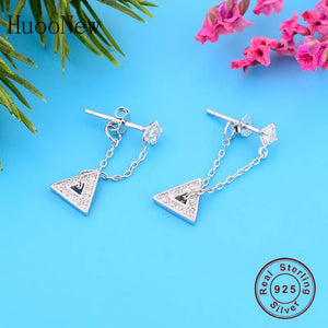 925 Silver Tassel Triangle Zirconia Crystal Stud Earrings Women Brinco