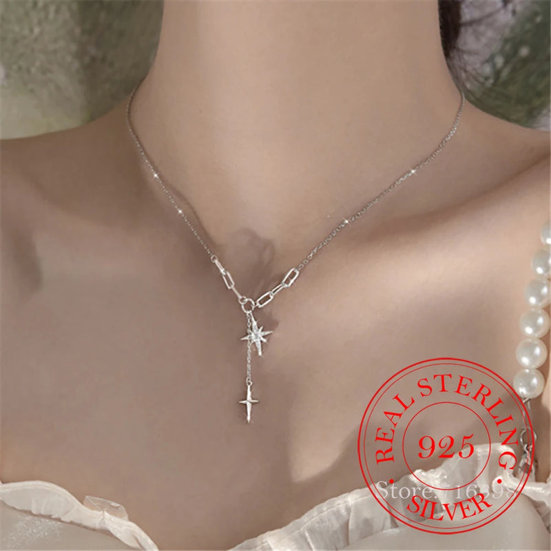 925 Silver Tassel Cross Star Charm Necklace Zircon Choker Wedding Jewelry