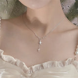 925 Silver Tassel Cross Star Charm Necklace Zircon Choker Wedding Jewelry
