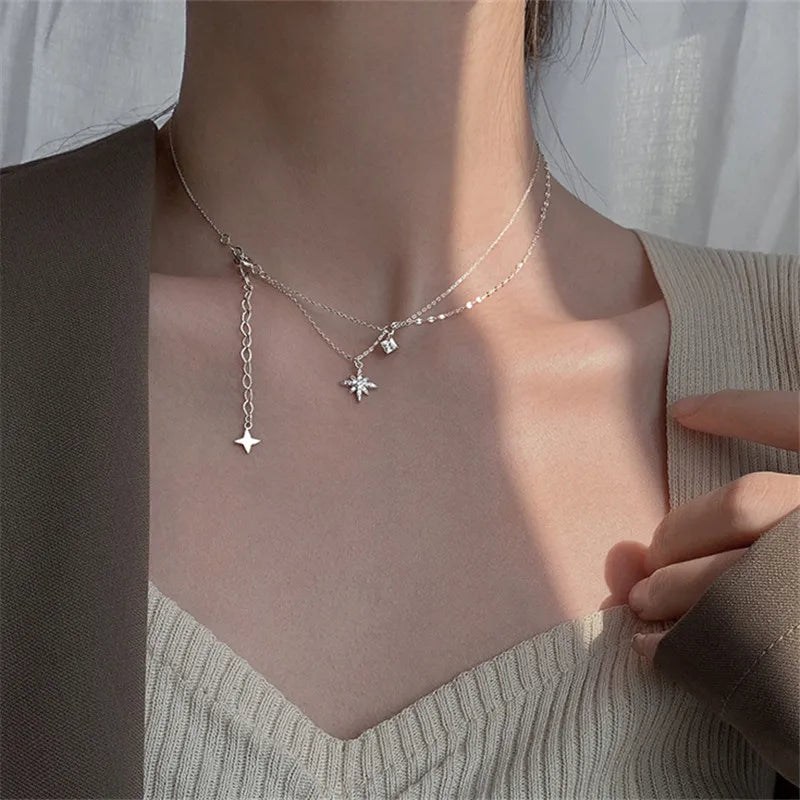 925 Silver Tassel Zircon Star Necklace Choker for Women Girls