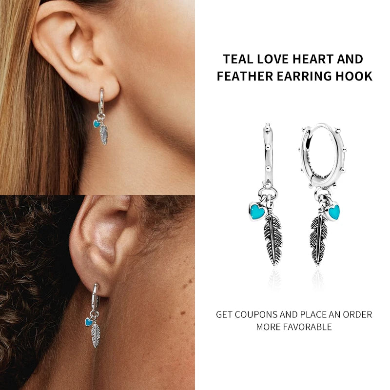 925 Silver Teal Heart & Feather Earrings