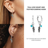 925 Silver Teal Heart & Feather Earrings