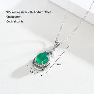 925 Silver Teardrop Green Chalcedony CZ Stones Pendant Necklace