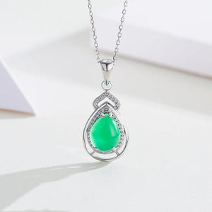 925 Silver Teardrop Green Chalcedony CZ Stones Pendant Necklace