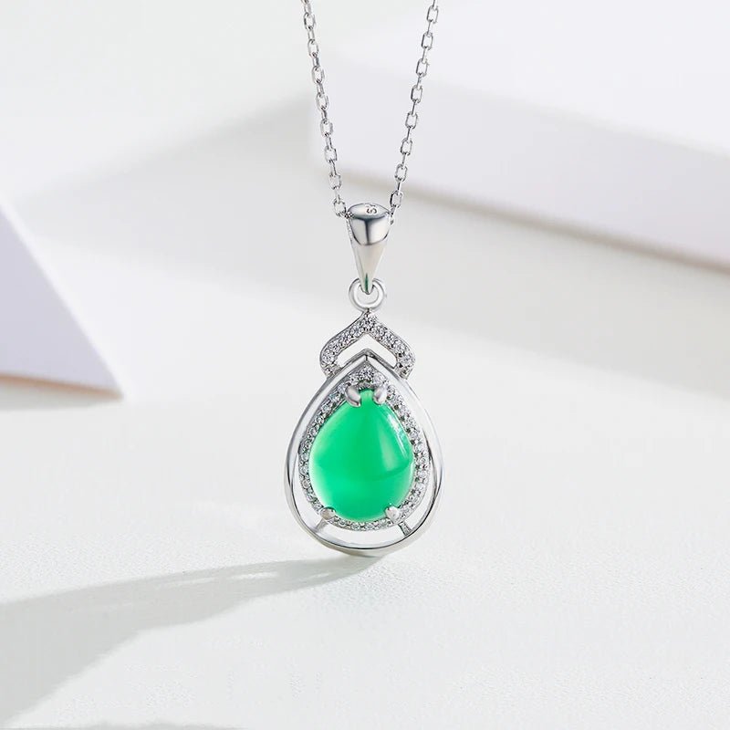 925 Silver Teardrop Green Chalcedony CZ Stones Pendant Necklace