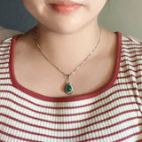 925 Silver Teardrop Green Chalcedony CZ Stones Pendant Necklace