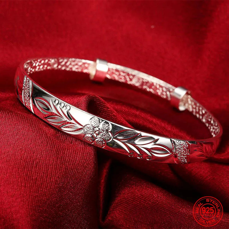 925 Silver Pattern Carved Cuff Bracelet&Bangle For Women