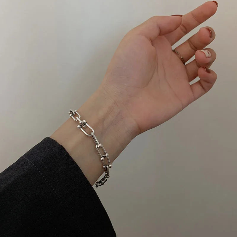 925 Silver Thick Chain Bracelet Creative U Shape Birthday Gift