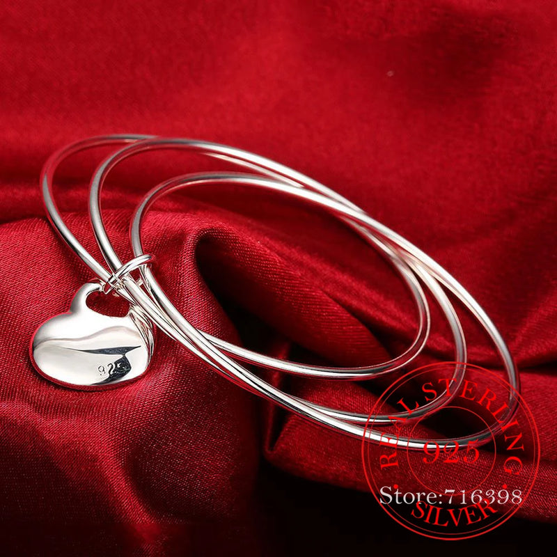 925 Silver Three Circle Heart Bangle Charm Jewelry for Wedding
